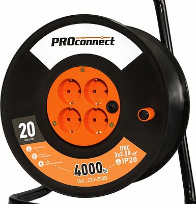 PROconnect 11-7612 Удлинитель силовой на катушке 4 гнезда с/з 20м 3х2,5мм² PROconnect
