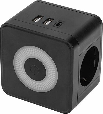 REXANT 11-1252 Двойник электрический Куб 16А с/з + 2хUSB-A 2,4А + USB Type-C 3А с ночной подсветкой, черный REXANT