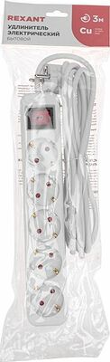 REXANT 13-4032 Удлинитель STANDARD 5 гнезд, 3м, 3х1,0мм², с/з, с выключателем, белый REXANT