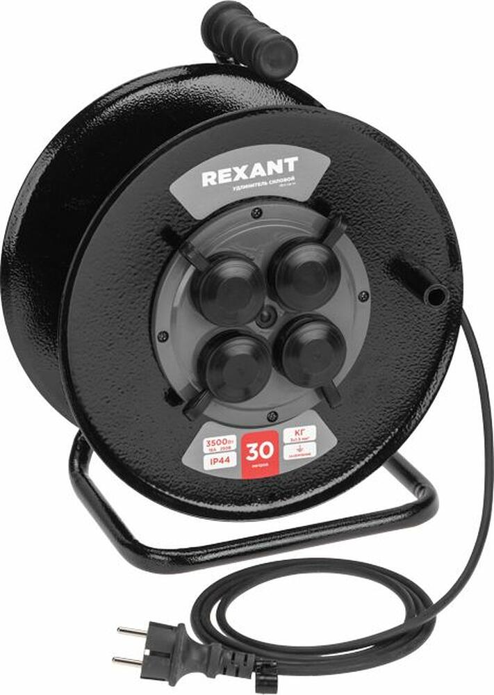 REXANT 13-5011 Удлинитель силовой КГ на катушке 4 гнезда, с/з, 30м, 3х1,5мм², IP44 c защитными крышками, металлическая катушка REXANT