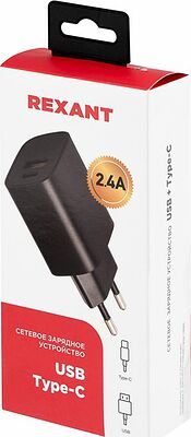 REXANT 16-0297 Сетевое зарядное устройство REXANT USB + Type-C, 5V, 2.4 A, черное