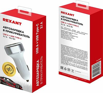 REXANT 18-2227 Автозарядка в прикуриватель REXANT АЗУ USB-A+USB-C, 3.1 A белая