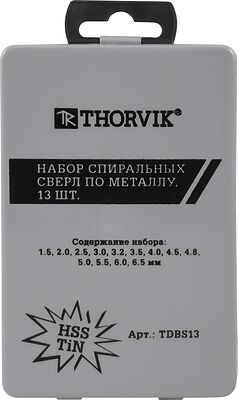 THORVIK TDBS13 набор спиральных свёрл по металлу HSS TiN 1,5–6,5 мм, 13 шт., в металлическом кейсе
